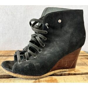 UGG Wedge Ankle Heels Shoes Open Toe Black Suede Elyse Women's Sz 5.5 Boho